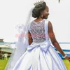 Magnifiques perles de satin robes de mariée paillettes sans manches 2019 africaine grande taille mariage arabe robe de bal de mariée pour robe de mariée robe de mari￩e