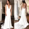 Sexy Barato Sereia Praia Vestidos de Casamento Bohemian Sweep Train Aberto Voltar Apliques Decote Em V Longo Vestidos de Noiva Vestido de Noiva Vestidos De Novia