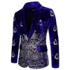 Trajes para hombres Blazers Royal Blue Tela de terciopelo suave de alta calidad Hombres Oro Hilo Bordado Etapa Singer Chaqueta Sola botón