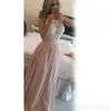 Blush Pink Prom Dresses Beaded Crystal Pearls Chiffon Sash Bow Jewel Neck Sleeveless Floor Length Formal Evening Party Gown