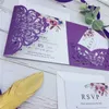 Invitaciones de boda clásicas cortadas con láser en tonos magenta de otoño y bolsillo floral morado con sobre, envío gratuito por UPS