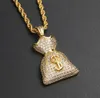 14K Iced Out знак доллара денежный мешок кулон ожерелье мужская золотая цепь подвески с 3 мм веревочной цепью рэпер певец ювелирные изделия