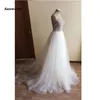 Dubai Beach Crystal Beaded Wedding Suknie ślubne Real obraz kantar A-line tiulowe suknie ślubne z boczną dzieloną szatą de Mariee