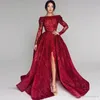 2020 Sparkly Prom Dresses Pailletten Kant Lange Mouw Backless Sweep Train Avond Party Red Carpet Toga Vestidos de Fiesta BC0652