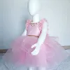 2020 Pembe Boncuklu Katlı Çiçek Kız Elbise Balo Tül Küçük Kız Gelinlik Vintage Communion Pageant Elbiseler Koru F148