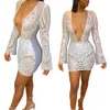 Frauen Designer, figurbetontes Kleid bloßer Ineinander greifen Sequined Plunge Sexy tiefer V-Ausschnitt Verein Langarm See Through Night Out Cocktailparty Vestido