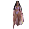 Costumi da bagno da donna 2021 Set bikini sexy a tre pezzi a righe viola Copricostume da donna Costume da bagno da bagno Beachwear