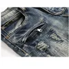 Mens Classic Biker Jeans Manlig Slim Straight Knee Drape Panel Moto Biker Jeans Destroyed Ripped Stretch Hip Hop Byxor