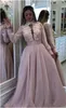 Elegant A Line Arabic Dubai Prom Dresses High Neck Long Sleeves 3D Flower Bead Formal Wear Floor Length Chiffon Evening Gown