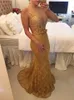 Gold Mermaid Prom Dress 2019 LACE Appliques Beads Elegant aftonklänning ärmlösa kläder de soiree Mor till brudklänningen 266V