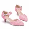 2 Inches Low Heel Sandals wiht Ankle Straps Pink Lace Flower Wedding Shoes Pointed Toe Mother of the Bride Shoes Dancing Party2770