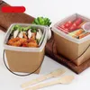 Disposable Kraft Paper Lunch Box with Handle Double Layer Anti Oil Leakproof Takeaway Picnic Box Travel Food Containers
