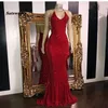 Red Long Evening Dress Glitter Sequin Mermaid V-neck Sleeveless Arabic Style Women Formal Gowns Prom Dresses