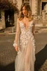 2019 Illusion Berta Wedding Gowns Deep V Neck A Line Lace 3D Floral Appliqued Sexy Weeddings Sexy Weddinges Long Maniche estate Boho Bridal 2213