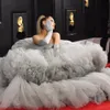 Puffy Silver Ball-toga Prom Jurken Strapless Tiered Tule Tutu Rokken Plus Size Avondjurk zonder handschoenen Red Carpet Dress Vestidos