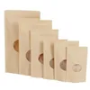 500pcs Zip Lock Standing Kraft Paper Bags med runda fönster Kraft Pack Storage Torkad mat Frukt Te elektronisk produkt