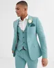 Mint Green Mens Suits Slim Fit 3 Pieces Beach Groomsmen Wedding Tuxedos For Men Peaked Lapel Formal Prom Suit Jacket Pan314U