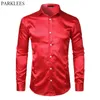 Men's Slim Fit Silk Satin Dress Shirts Wedding Groom Stage Prom Men Long Sleeve Button Down Shirt Male Chemise Homme Red MX200518