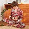 2019 Men Pajamas Sets With Pants Flower Print Nightwear Pyjama Satin Sleepwear Silk Loose Two Piece Long Sleeve Pijama