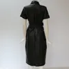 QNPQYX Yeni Kadın Şık PU Deri Midi Elbiseler Kısa Kollu Kemer Tasarım Cepler Kadın Rahat Zarif Şık Elbiseler Vestidos Dropshipping