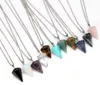 Natural Gemstone Pendant Necklace Crystal Healing Chakra Reiki Silver Stone Hexagonal Prisme Cone Pendulum Charm Necklaces