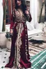 2020 Burgundy Muslim Aftonklänning Fullständiga ärmar Guld Applique Slit Vintage Islamic Dubai Kaftan Saudiarabisk Kväll Gown Prom Dress