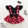 15572 Baby Girls Dress Set Kids Ruffles T-tröja + prickar Bowknot Suspender kjol Girl 2st Set Barnkläder