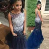 Abendkleider African Navy Blue Evening Dresses Mermaid Long Pageant Gowns Backless Major Crystals Beads Prom Party Dress