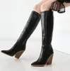 Small big size 34 to 42 43 44 45 46 croc embossed pu leather knee high cowboy boots pointed chunky heel designer shoes