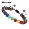 Kittenup Uomo Donna 8mm Lava Rock 7 Chakra Perline Bracciale Corda intrecciata Diffusore Bracciale Bangle Pietra naturale Gioielli di moda233N