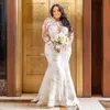 2019 Plus Size Sirena Mermaid Abiti da sposa con treno staccabile Gioiello Collo in rilievo Maniche lunghe Abiti da sposa Tulle Vestido De Novia