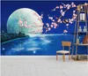 güzel manzara Fantezi mavi ay ışığı çiçek ve kuş erik arka plan duvar dekorasyonu boyama duvar kağıtları