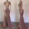 Seksi Pembe Altın Denizkızı Gelinlik Modelleri Derin V Yaka Pullarda Kristal Yüksek Yan Bölünmüş Parti Örgün Abiye Giyim vestidos Wear