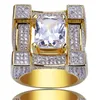 European and American Mens Hip Hop Rings Jewelry 18K Yellow Gold Plated 3A CZ Square Cluster Rings Glaring Zircon Rings