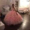 Pink Beaded Ball Gown 3D Appliqued Flower Girl Dress For Wedding Tulle First Off Shoulder Girls Pageant Dresses Holy Communion Gowns