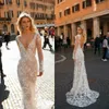Berta fantazyjna suknia ślubna syrenka koronkowa kwiecista aplikacja zroszony głębokie V Neck Backless długie rękawy suknie ślubne wykonane na zamówienie Vestidos De Novia