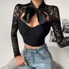 Kvinnors Blusar Skjortor Kvinnor Snörröja Långärmad Bandage upp Perspektiv Deep V Neck Black Blus Topp Elegant Casual Ladies Koreansk Blusa