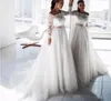 Eleganckie sukienki na ramię długie koronkowe rękawy zakurzone różowe wstążki Tiul Tiulle Plus Rozmiar ślubny suknia ślubna