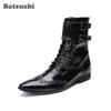 Batzuzhi الأزياء والأحذية الجلدية الرجال أشار تو بوتاس هومبر الرجال الكورية أسود اللباس الكاحل الأحذية الذكور الابازيم ، كبير US6-12