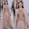 Elie Saab Tulumlar Abiye Uzun Kollu Sheer Jewel Boyun Çizgisi Boncuklu Allık Pembe Abiye giyim Şifon Örgün Elbise