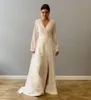 2020 elegantes böhmisches Langarm-Hochzeitskleid, A-Linie, Chiffon, bescheiden, einfach, sexy, tiefer V-Ausschnitt, hoher Schlitz, Damen-Brautkleider in Übergröße