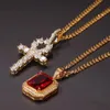 Men Women Iced Out Cubic Zircon Egyptian Ankh Key Pendant Necklace Ruby Pendant Necklace Set Hip Hop Jewelry Set Brand New