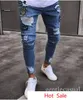 Mannen hete gescheurde jeans knie gaten gedrapeerd lange potlood broek ritsen ontwerp mannelijke lange broek