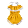 Baby Rompers Girls Lace Suspender Jumpsuits Summer Lotus Leaf Collar Cotton Linen Onesies Outfits Children Off Shoulder Bodysuits PY617