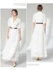 European fashion design new women's turn down collar short sleeve high waist with belt ball gown tassel maxi long dress vestidos