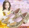 Mode printemps été fille talons hauts cristal princesse fête enfants chaussures perle similicuir chaussures pour fille sandale rose argent bleu