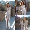 2020 Mermaid Wedding Dresses Split Lace Beaded with Feather One Shoulder Illution Long Sleeves Wedding Dress Custom Made Vestidos De Novia