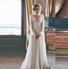 2019 La migliore vendita Boho Abito da sposa Manica lunga Modesto scollo a V Chiffon Impero Maternità Donna Abiti da sposa Stile greco