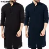 INCERUN décontracté hommes chemise coton à manches longues col montant Vintage solide cousu longs hauts indien Kurta costume pakistanais chemise 5XL