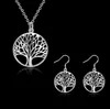 Offres spéciales mode femmes creux arbre vie disque pendentif collier et boucles d'oreilles ensemble de bijoux plaqué or argenté